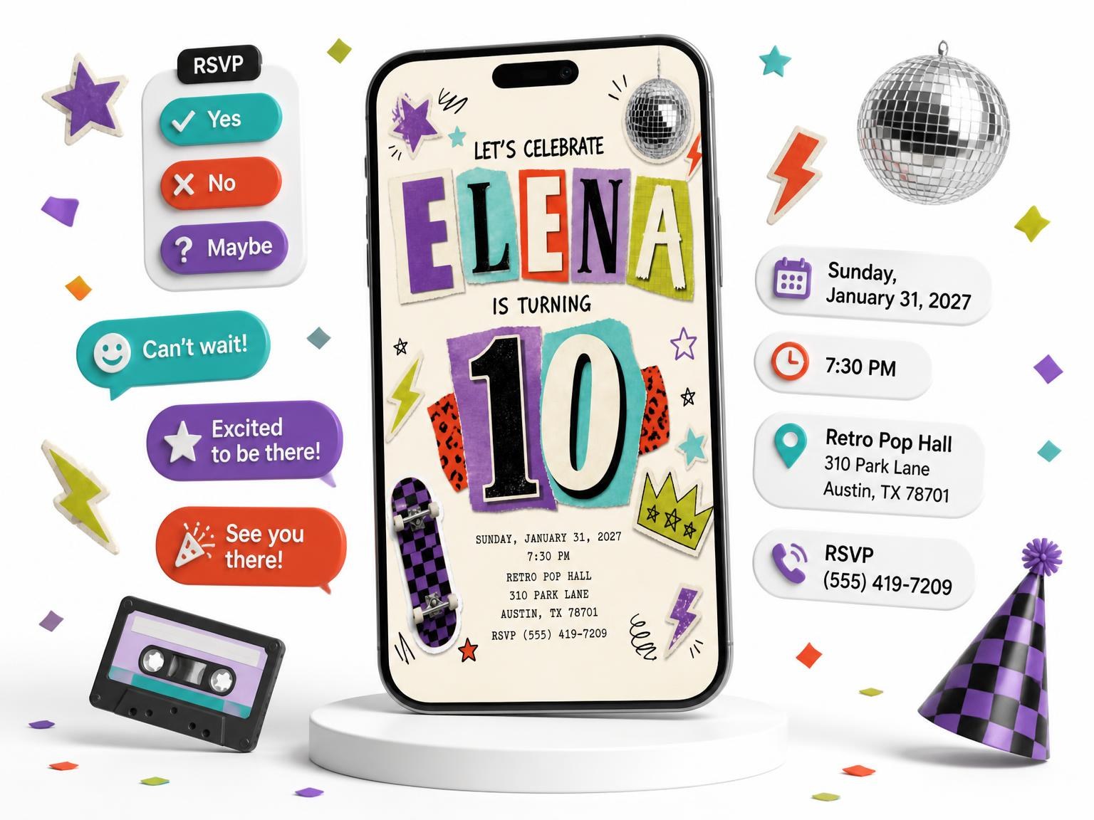 The Retro Paper Collage 10th Birthday Invitation invitation on a phone, with guest RSVPs arriving around it
