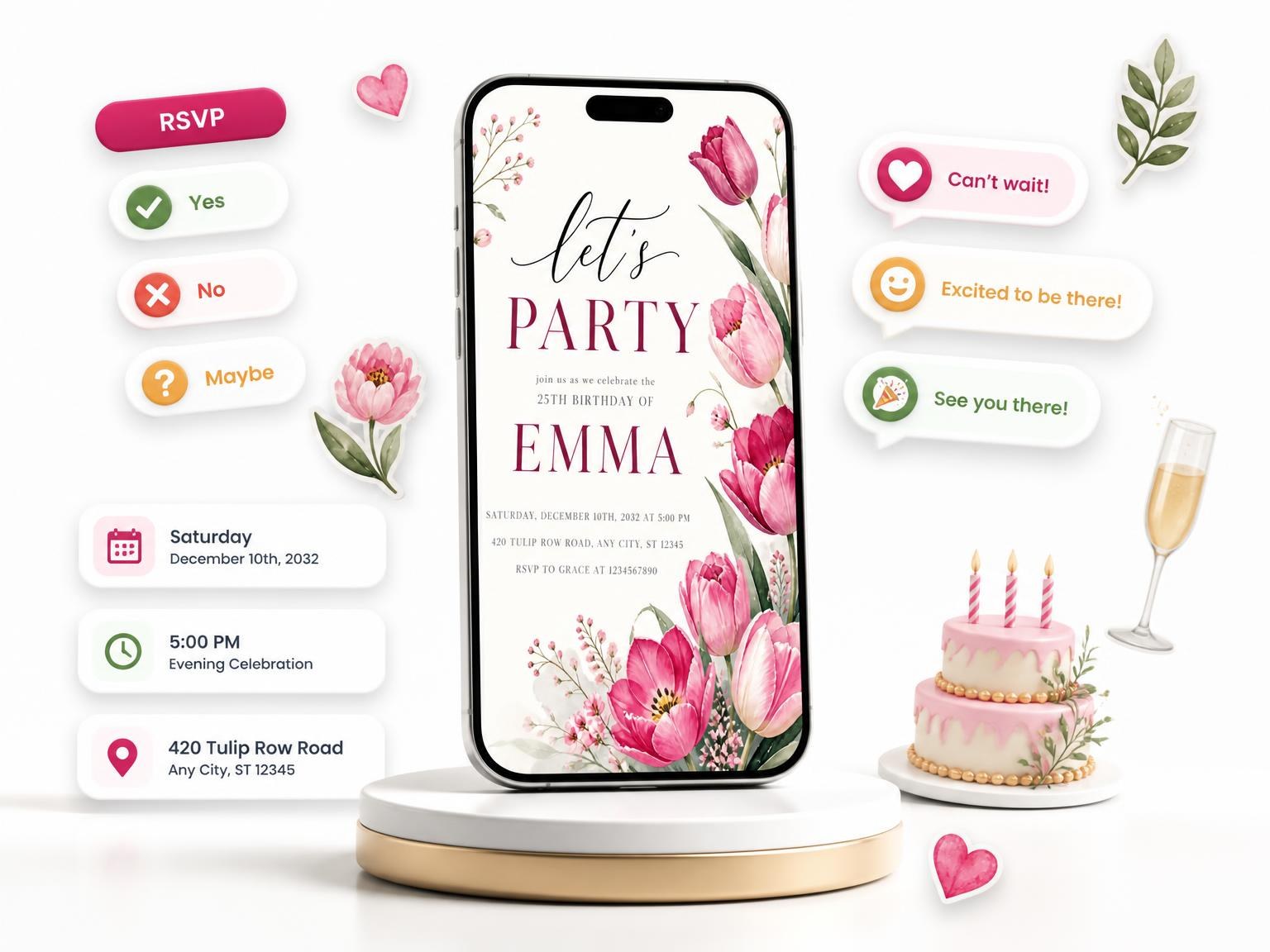 The Fuchsia Tulip Botanical 25th Birthday Invitation invitation on a phone, with guest RSVPs arriving around it