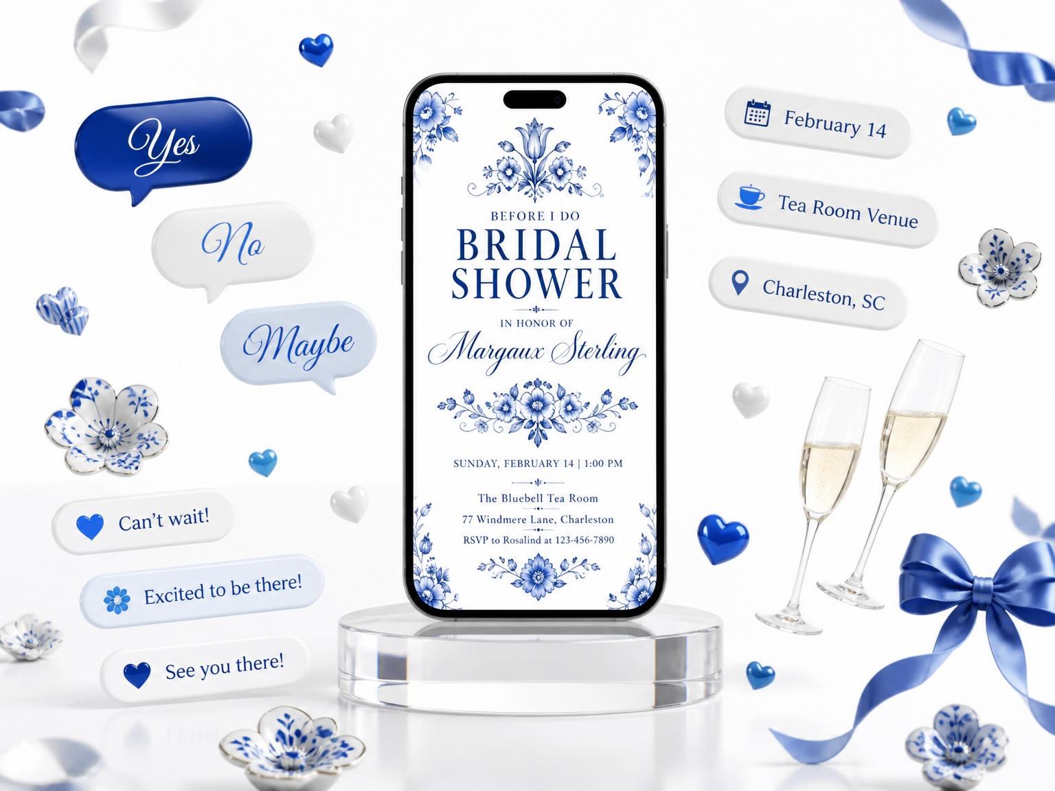 The Blue Delft Floral Bridal Shower invitation on a phone, with guest RSVPs arriving around it