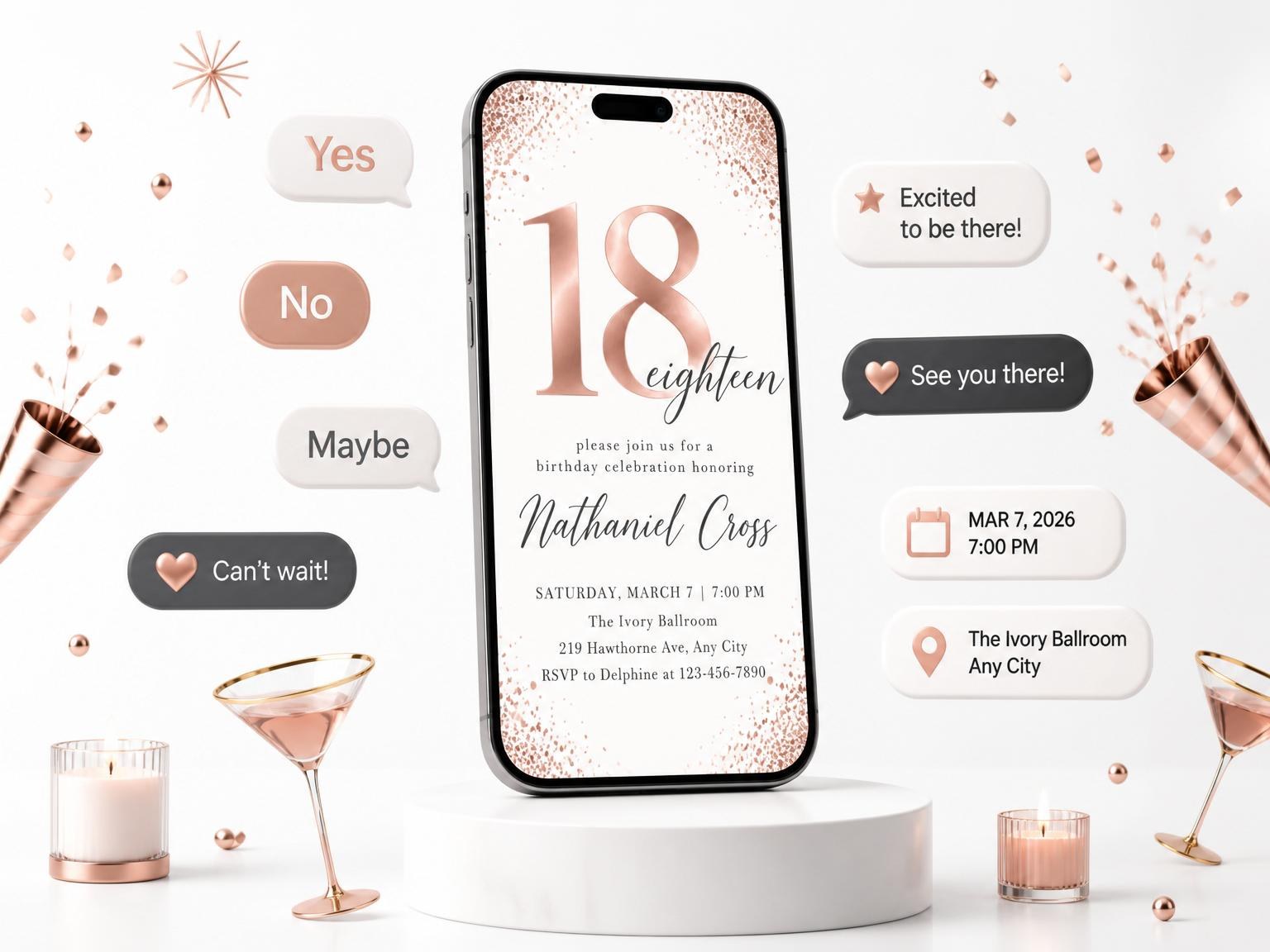 The Rose Gold Metallic 18th Birthday invitation on a phone, with guest RSVPs arriving around it
