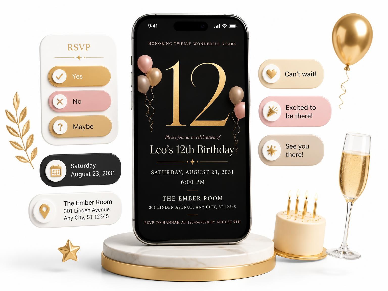 The Charcoal and Blush 12th Birthday Invitation invitation on a phone, with guest RSVPs arriving around it