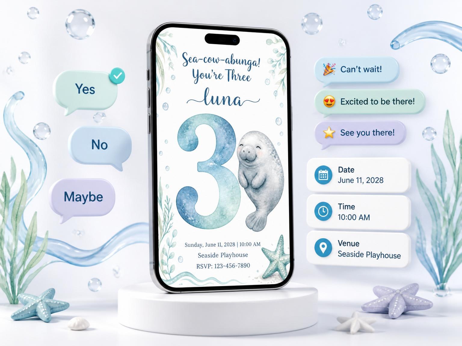 The Blue Watercolor Manatee 3rd Birthday invitation on a phone, with guest RSVPs arriving around it