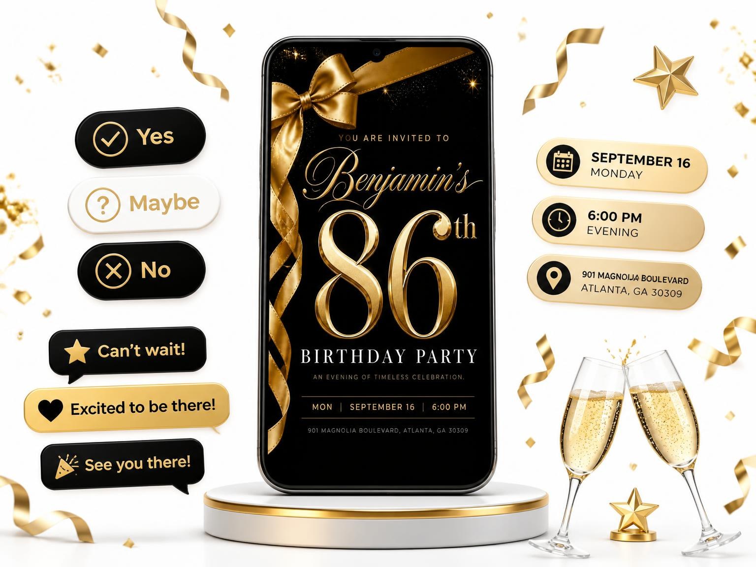 The Black and Gold Ribbon 86th Birthday invitation on a phone, with guest RSVPs arriving around it