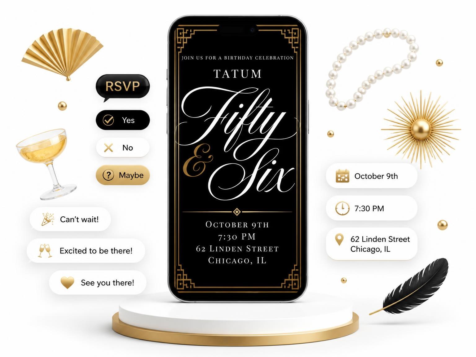 The Art Deco 56th Birthday Invitation invitation on a phone, with guest RSVPs arriving around it