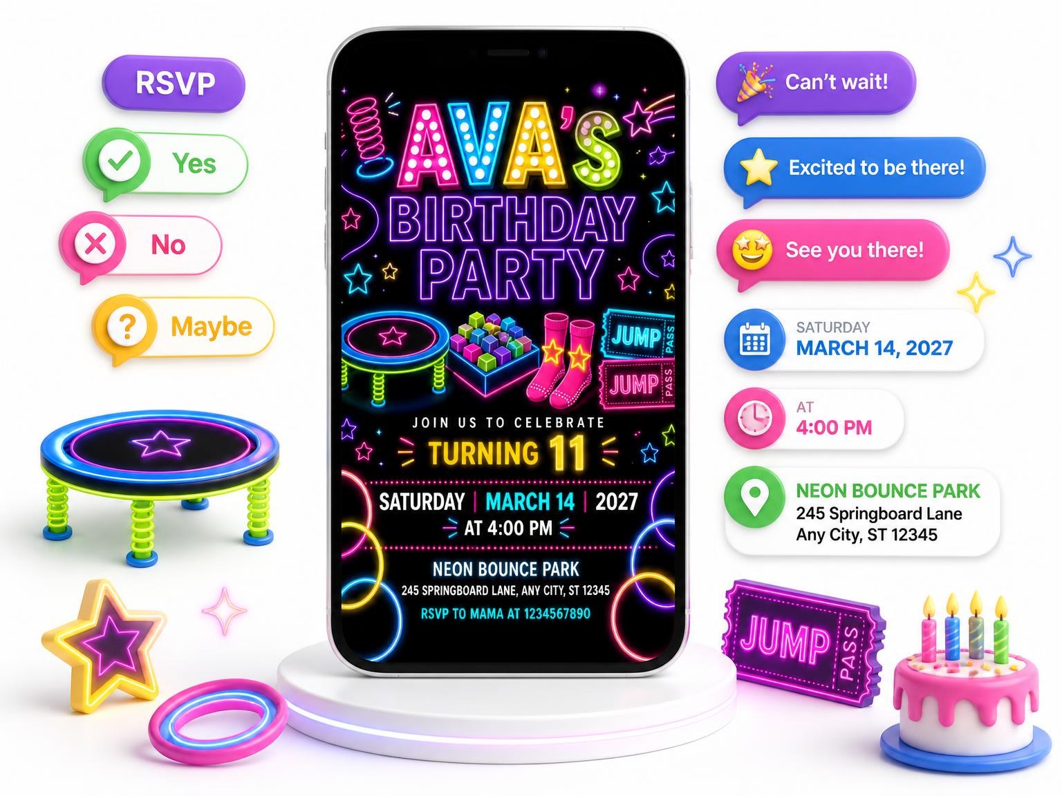 The Neon Trampoline 11th Birthday Invitation invitation on a phone, with guest RSVPs arriving around it