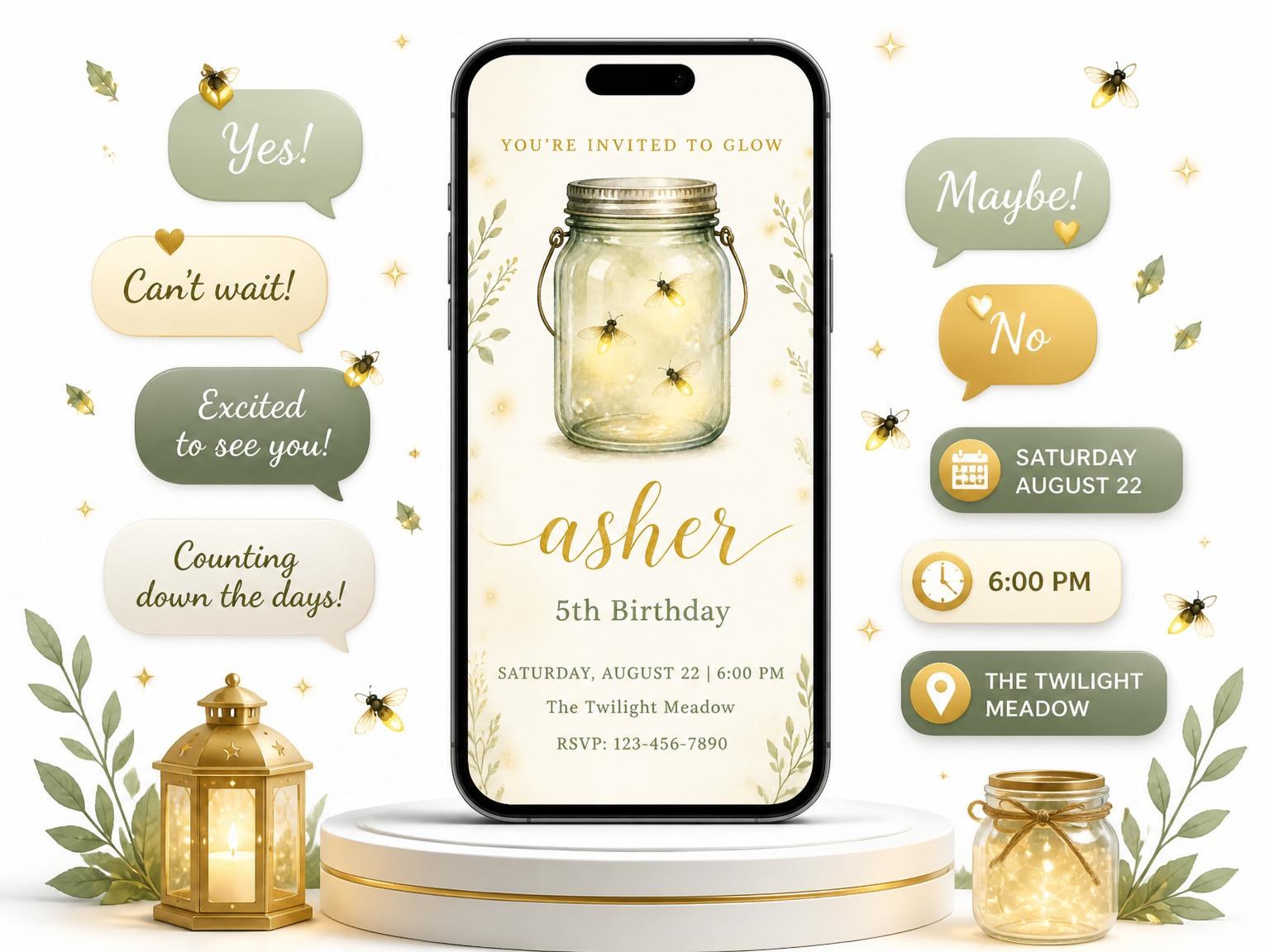 The Gold Sage Firefly Mason Jar 5th Birthday invitation on a phone, with guest RSVPs arriving around it