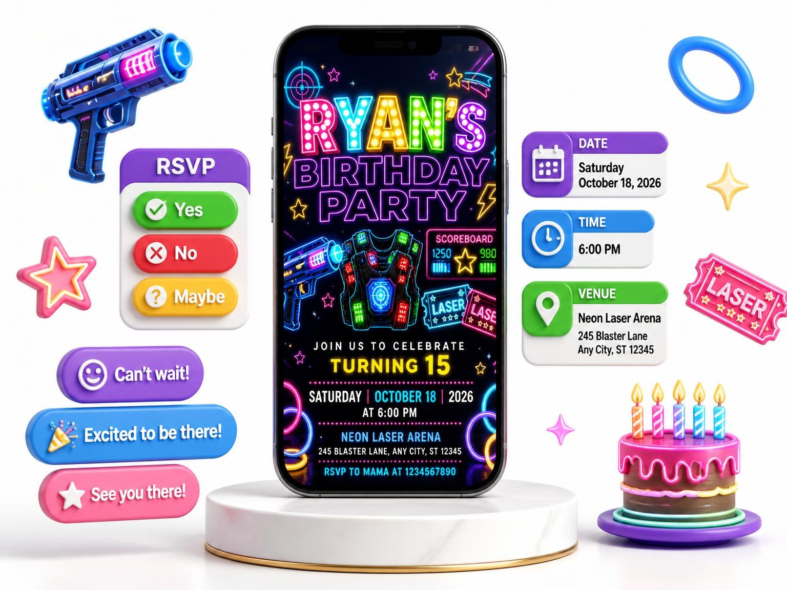 The Neon Laser Tag 15th Birthday Invitation invitation on a phone, with guest RSVPs arriving around it