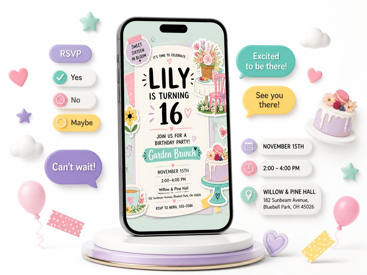The Pastel Garden Brunch 16th Birthday Invitation invitation on a phone, with guest RSVPs arriving around it