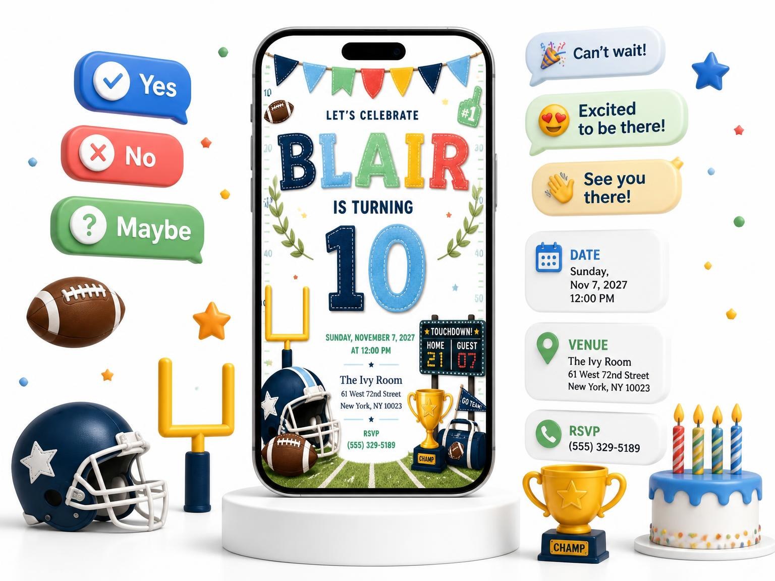 The Stitched Football 10th Birthday Invitation invitation on a phone, with guest RSVPs arriving around it