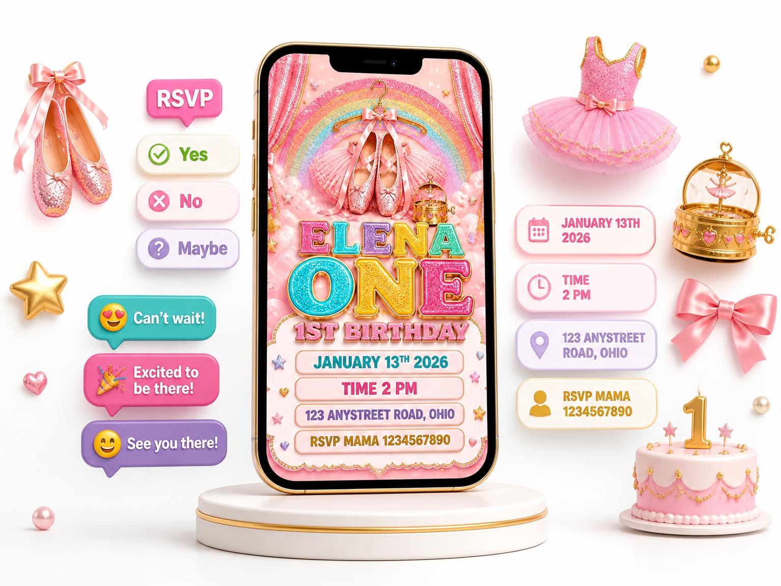 The Glitter Ballet 1st Birthday Invitation invitation on a phone, with guest RSVPs arriving around it