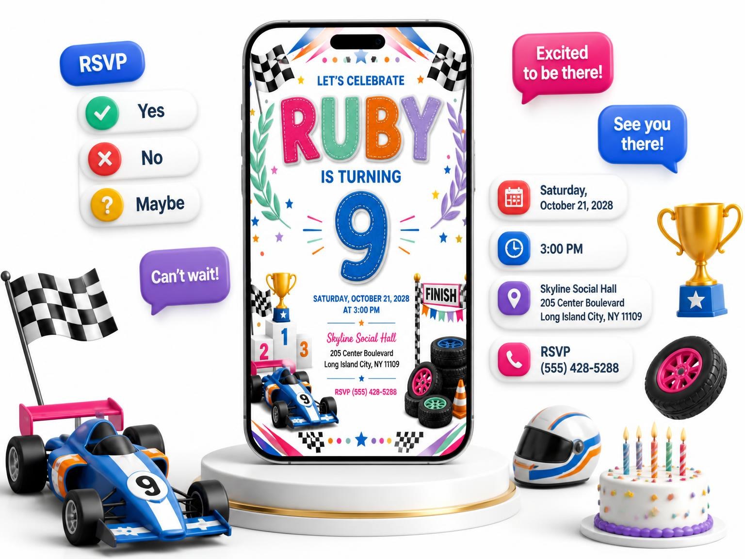 The Stitched Race Car 9th Birthday Invitation invitation on a phone, with guest RSVPs arriving around it