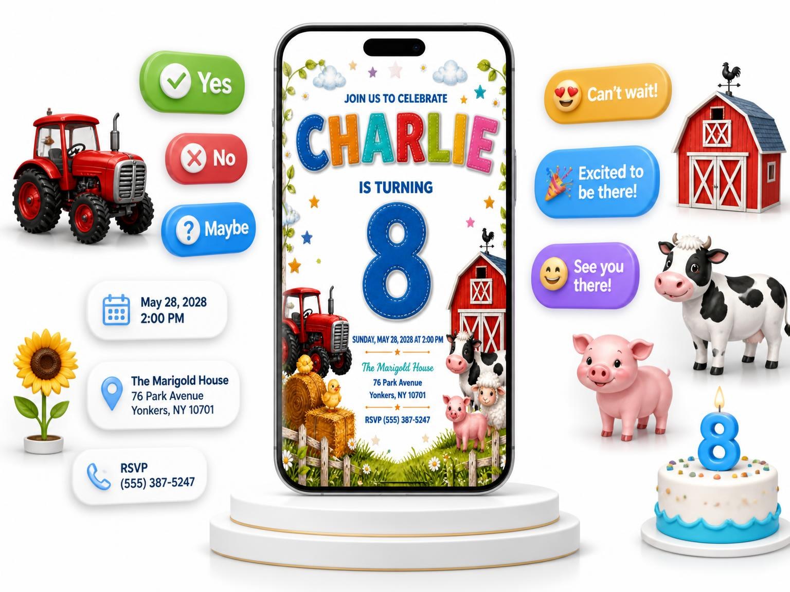 The Stitched Farm 8th Birthday Invitation invitation on a phone, with guest RSVPs arriving around it