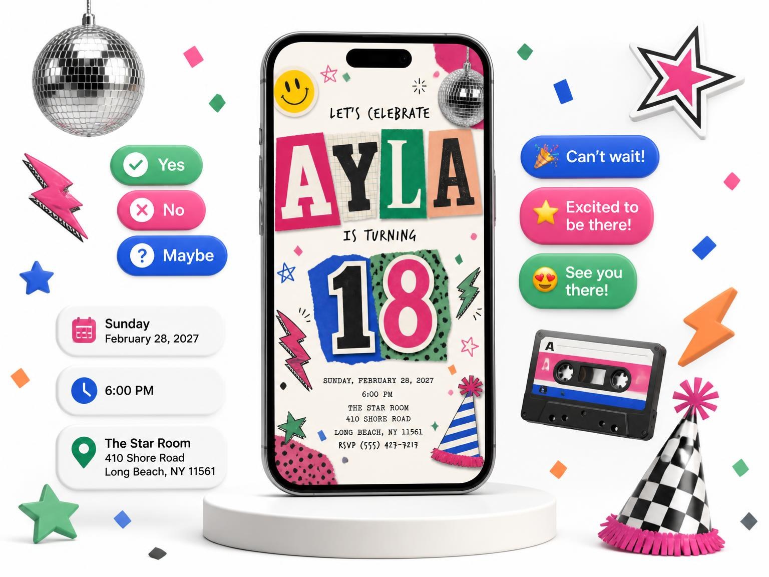 The Retro Paper Collage 18th Birthday Invitation invitation on a phone, with guest RSVPs arriving around it