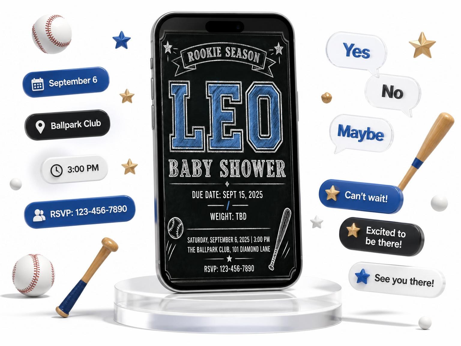 The Chalkboard Varsity Baseball Baby Shower invitation on a phone, with guest RSVPs arriving around it