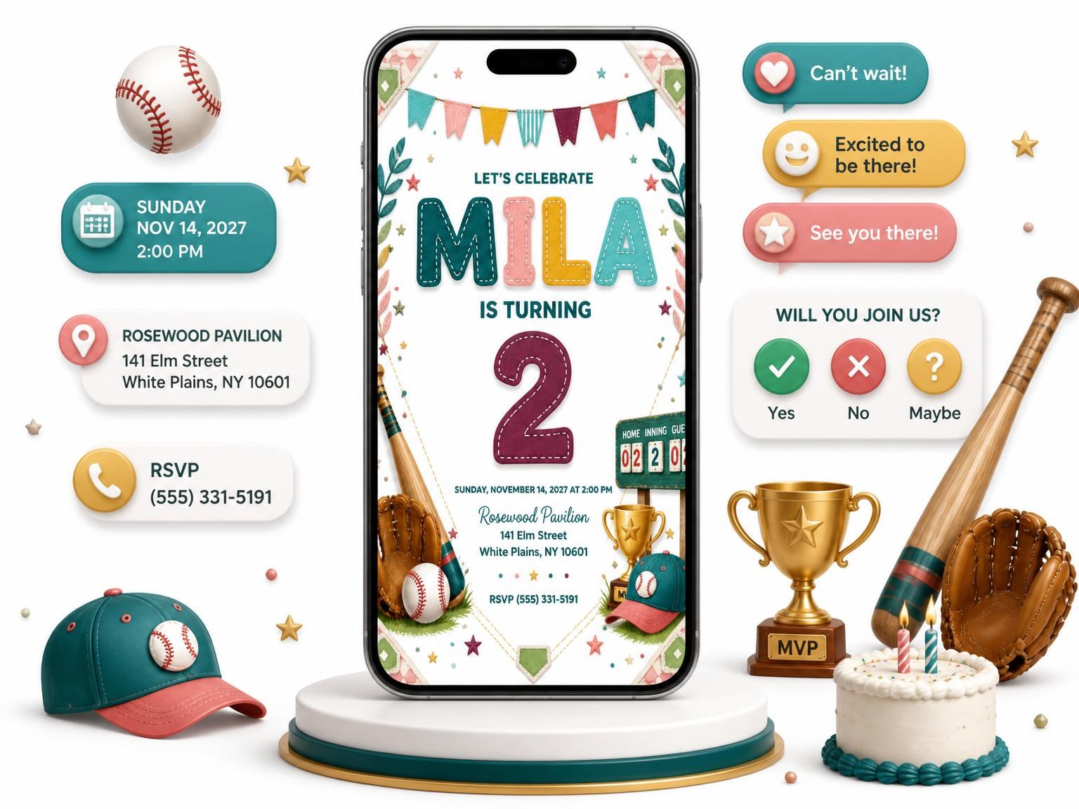 The Stitched Baseball 2nd Birthday Invitation invitation on a phone, with guest RSVPs arriving around it