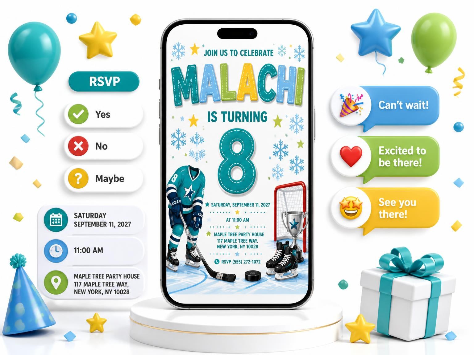 The Hockey Player Stitched 8th Birthday Invitation invitation on a phone, with guest RSVPs arriving around it