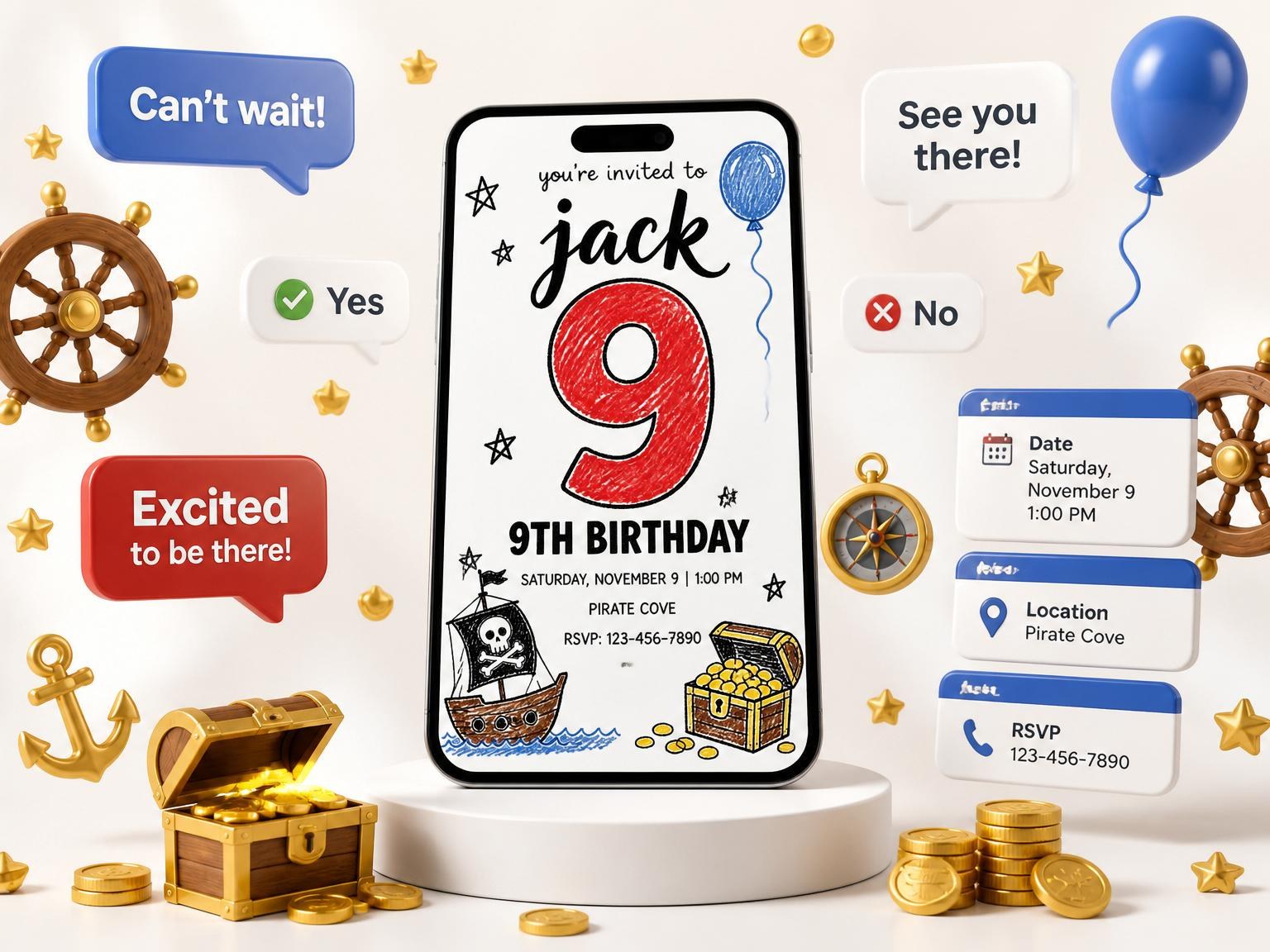 The Crayon Pirate Ship 9th Birthday invitation on a phone, with guest RSVPs arriving around it