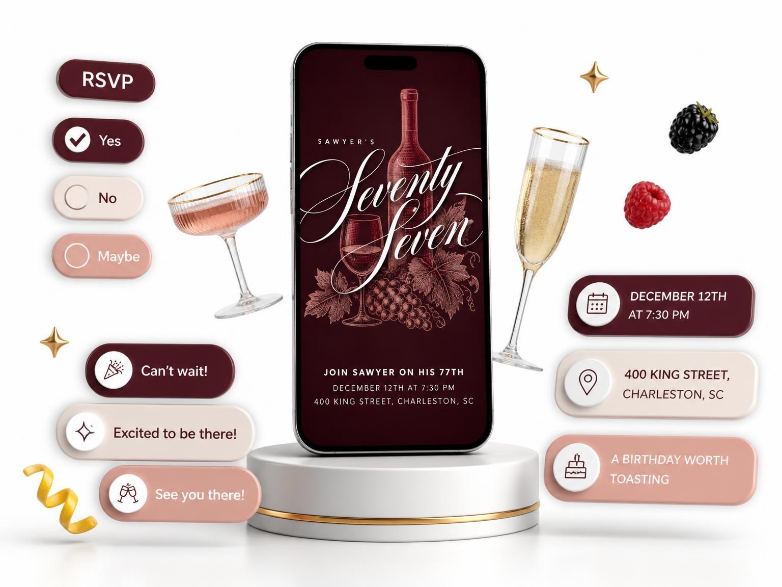The Burgundy Cocktail 77th Birthday Invitation invitation on a phone, with guest RSVPs arriving around it