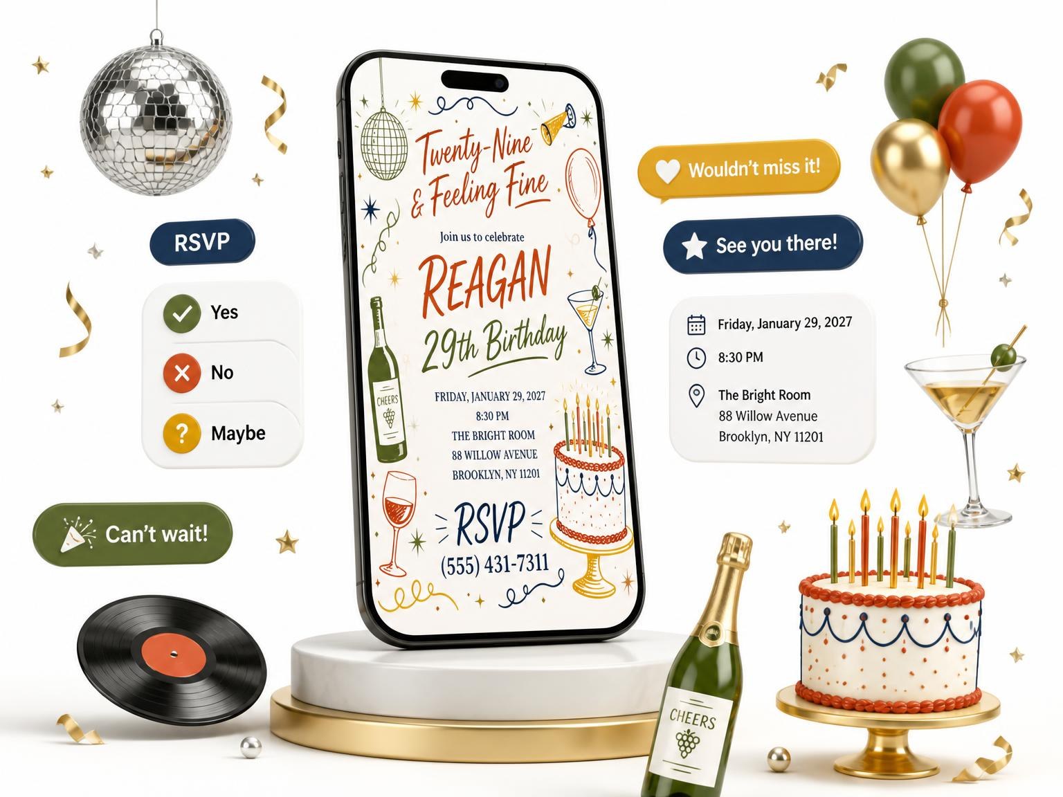 The Retro Doodle 29th Birthday Invitation invitation on a phone, with guest RSVPs arriving around it
