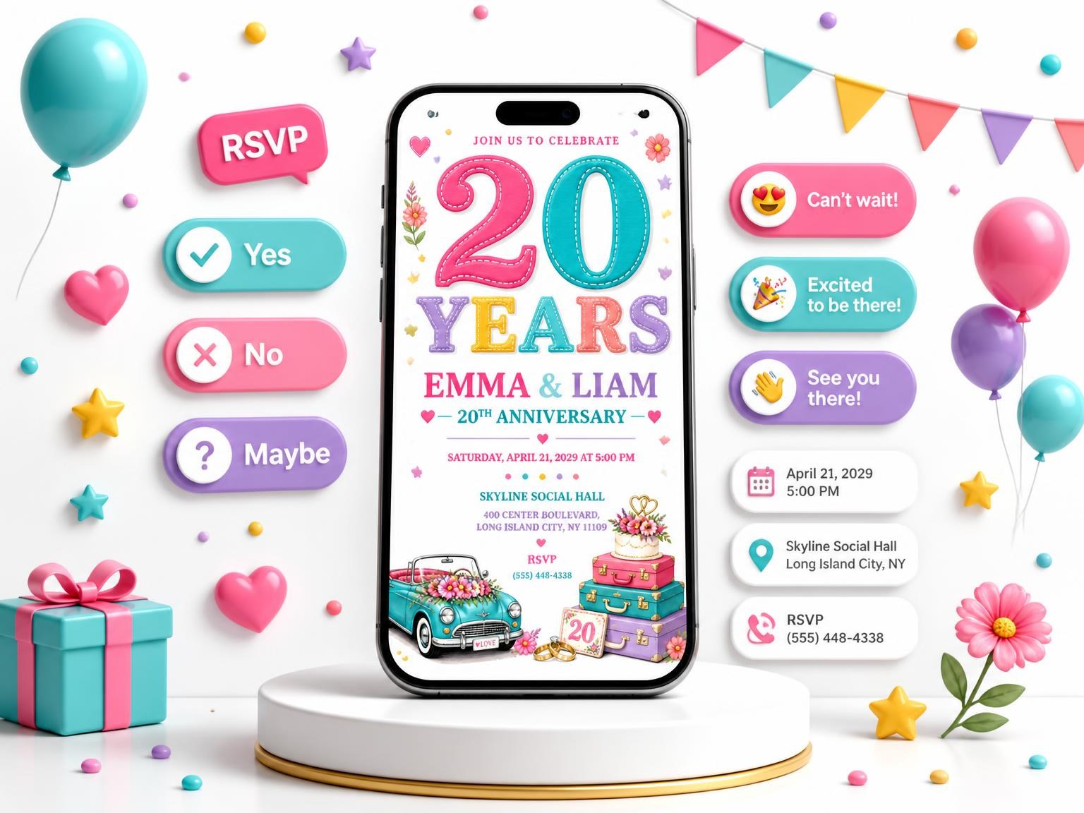 The Vintage Convertible 20th Anniversary Invitation invitation on a phone, with guest RSVPs arriving around it