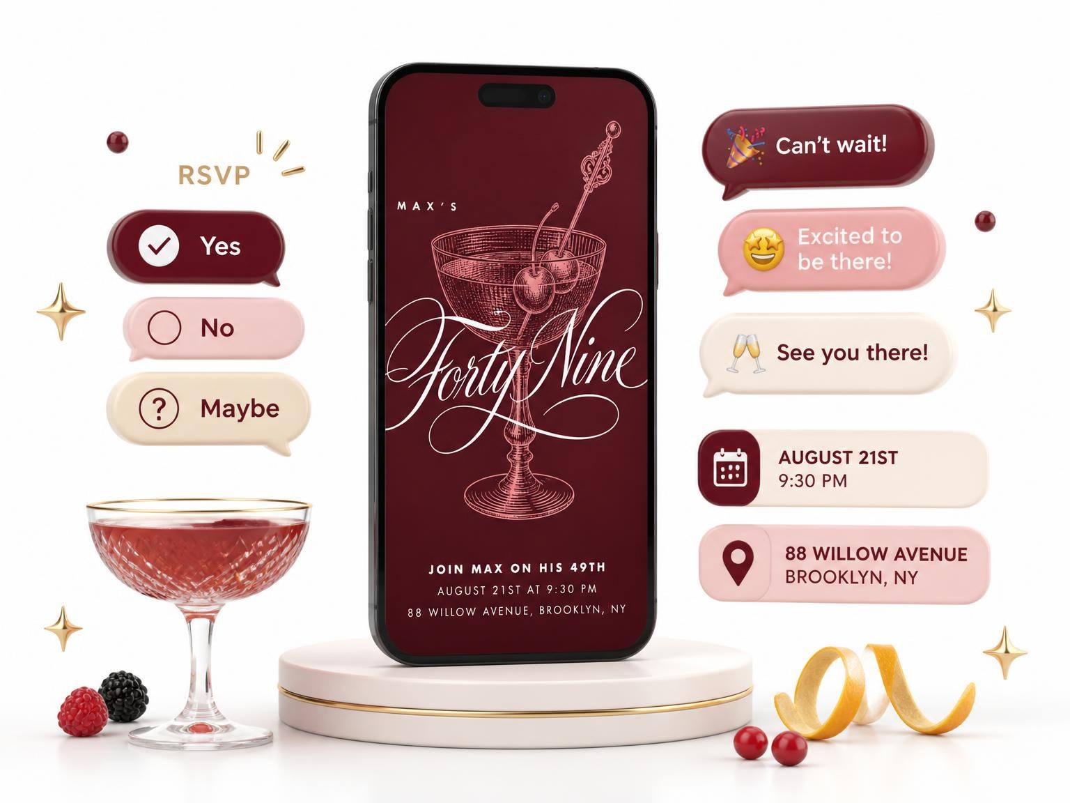 The Burgundy Cocktail 49th Birthday Invitation invitation on a phone, with guest RSVPs arriving around it