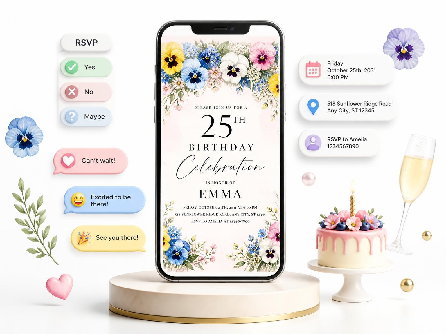 The Spring Floral Bouquets 25th Birthday Invitation invitation on a phone, with guest RSVPs arriving around it