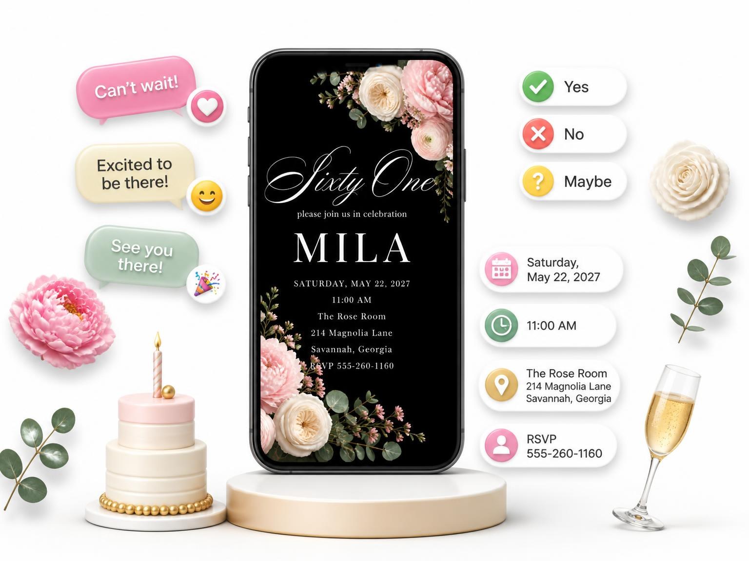 The Black Floral 61st Birthday Invitation invitation on a phone, with guest RSVPs arriving around it