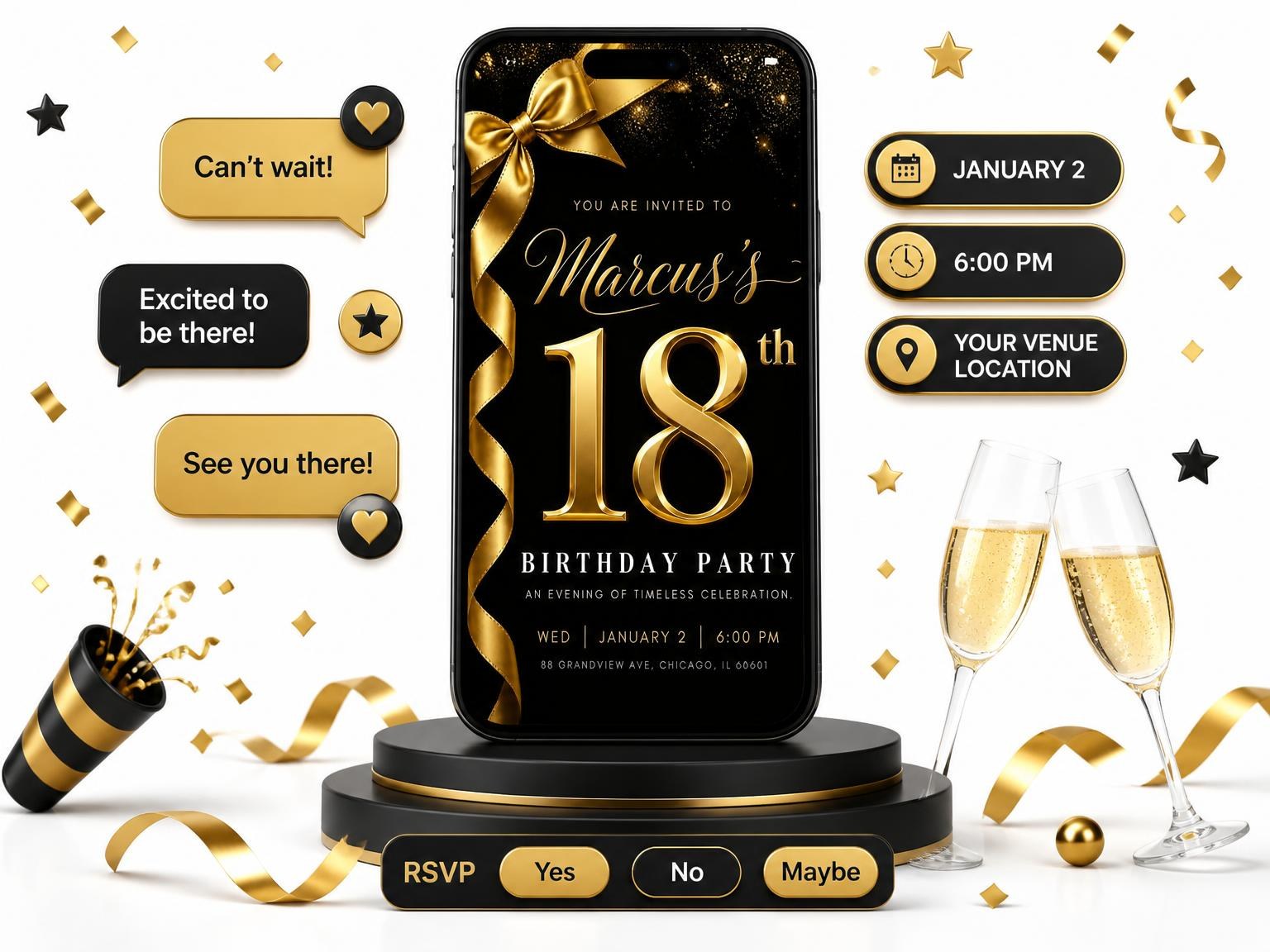 The Black and Gold Ribbon 18th Birthday invitation on a phone, with guest RSVPs arriving around it