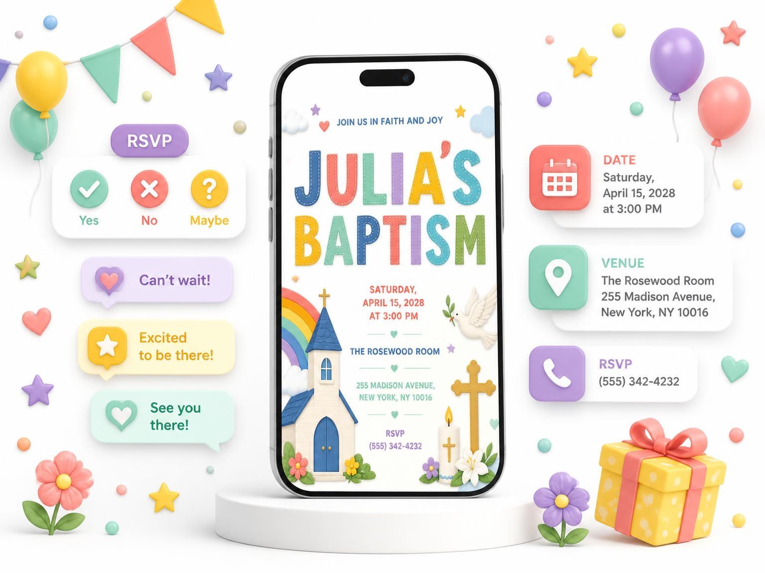 The Rainbow Clouds Baptism Invitation invitation on a phone, with guest RSVPs arriving around it