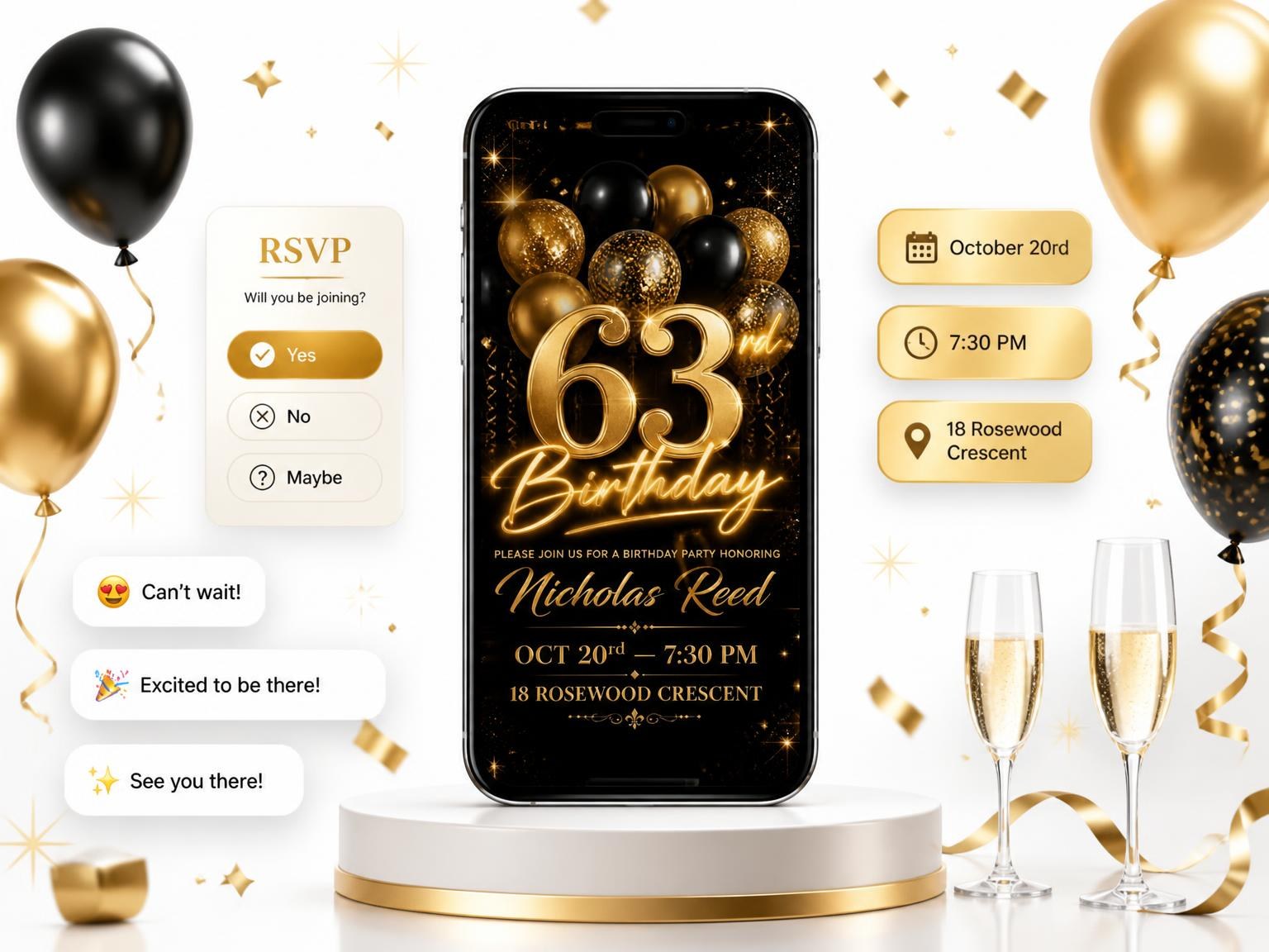 The Black and Gold Balloon 63rd Birthday invitation on a phone, with guest RSVPs arriving around it