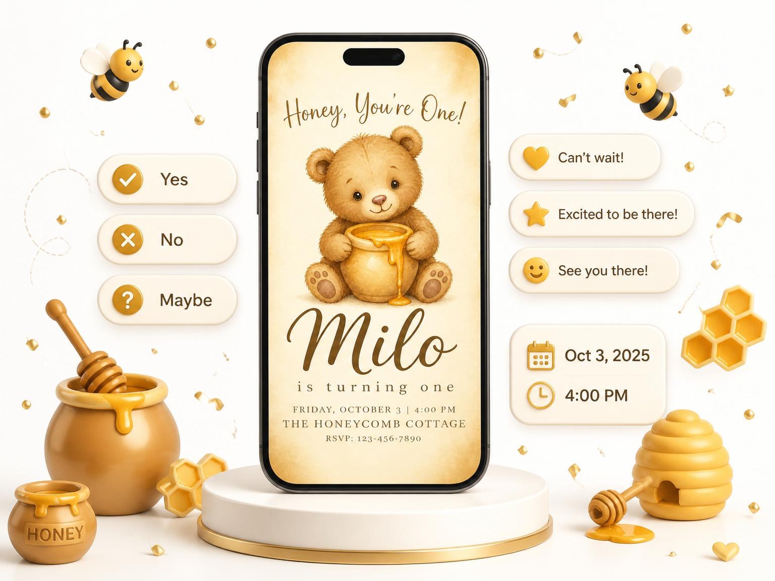 The Vintage Honey Bear First Birthday invitation on a phone, with guest RSVPs arriving around it