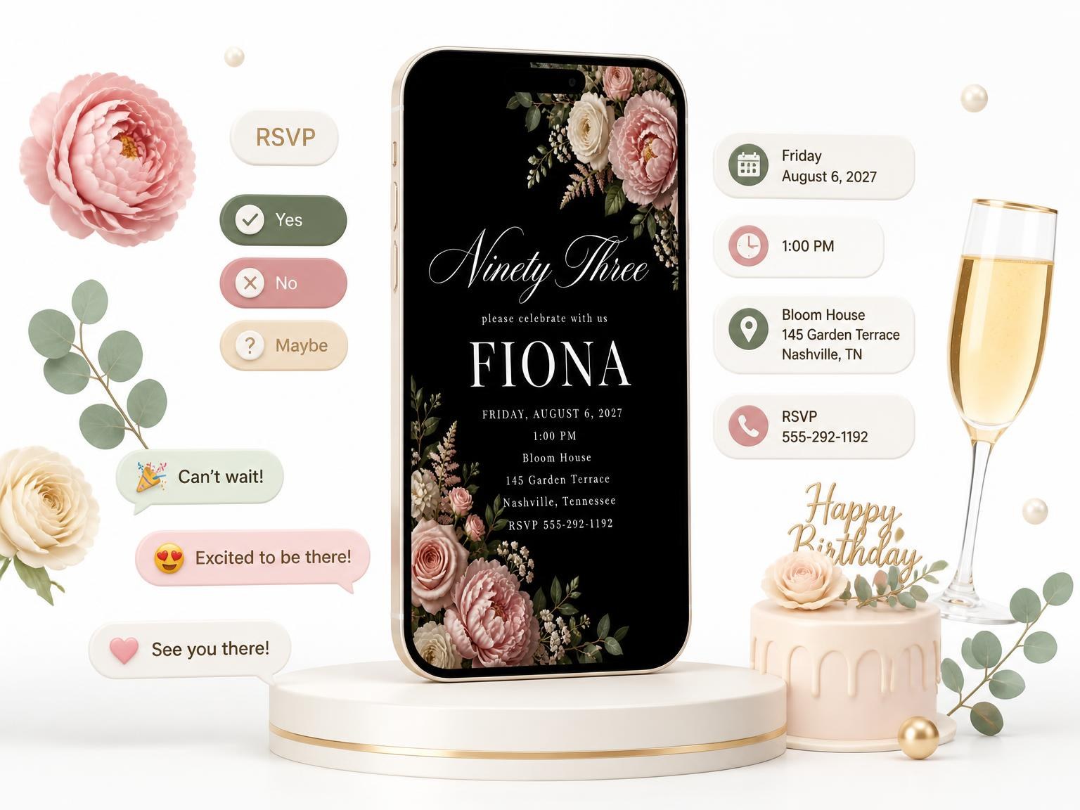 The Black Floral 93rd Birthday Invitation invitation on a phone, with guest RSVPs arriving around it