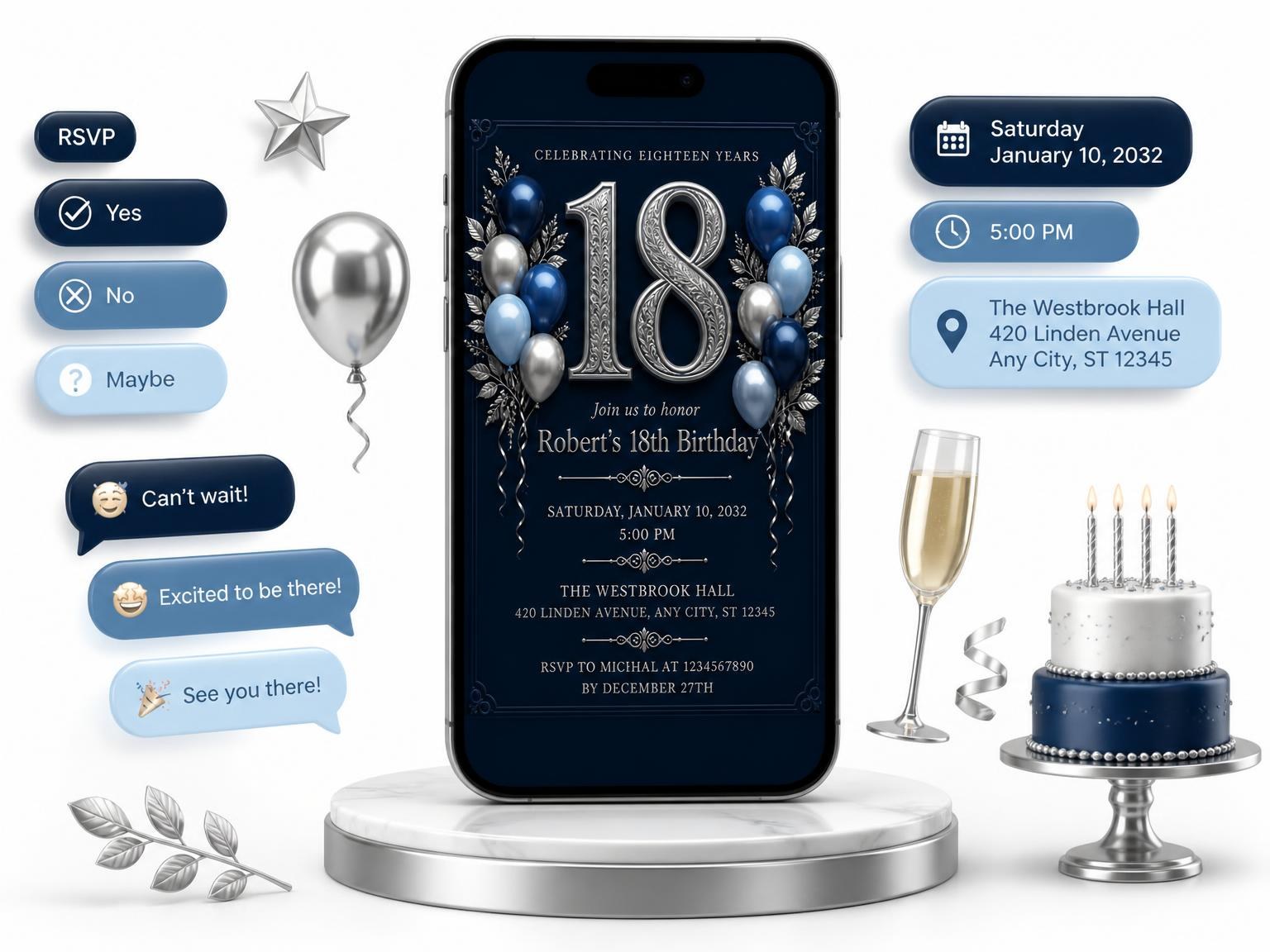 The Navy and Silver 18th Birthday Invitation invitation on a phone, with guest RSVPs arriving around it