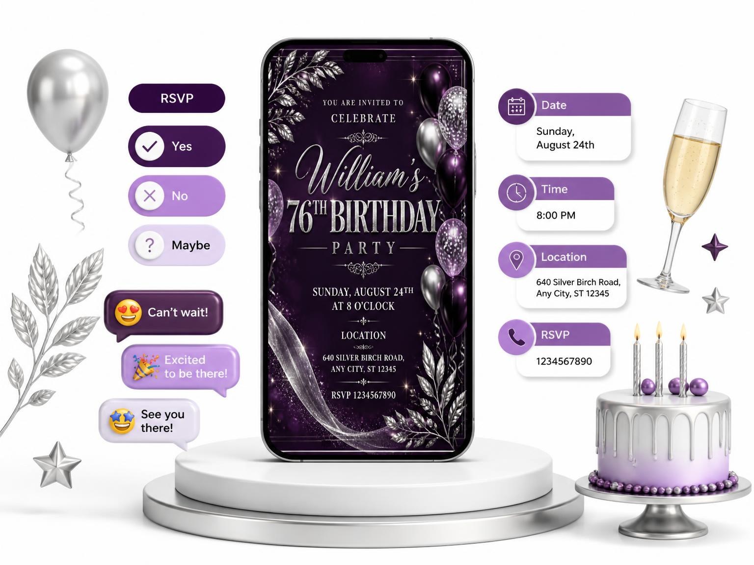 The Plum and Silver 76th Birthday Invitation invitation on a phone, with guest RSVPs arriving around it