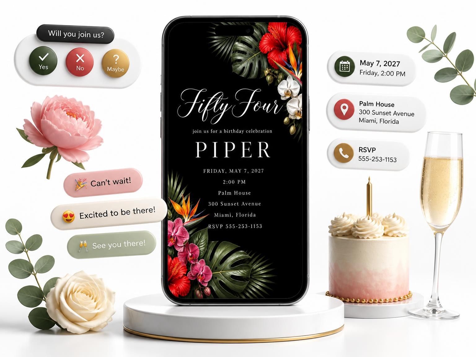 The Black Floral 54th Birthday Invitation invitation on a phone, with guest RSVPs arriving around it