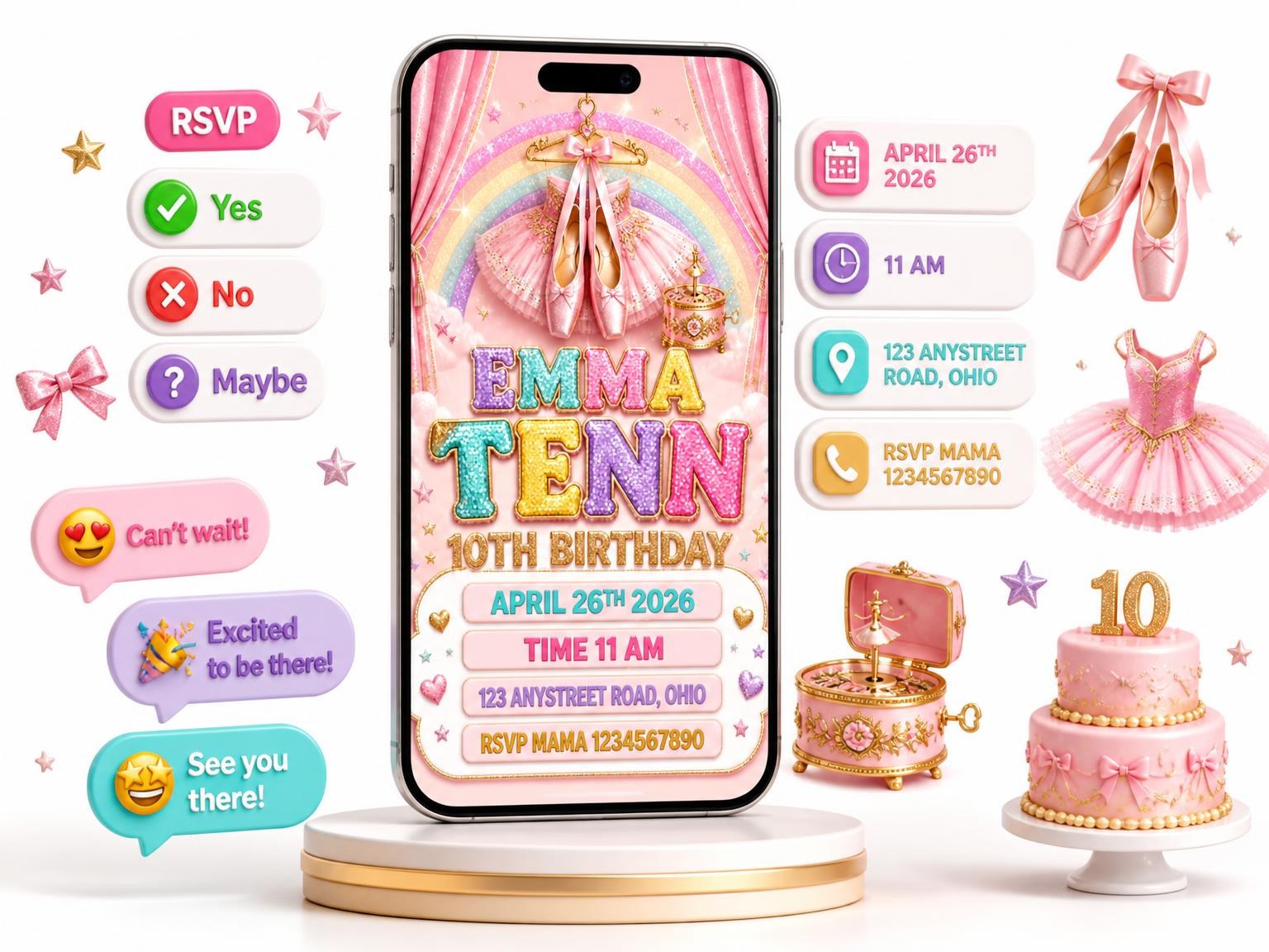 The Glitter Ballet 10th Birthday Invitation invitation on a phone, with guest RSVPs arriving around it