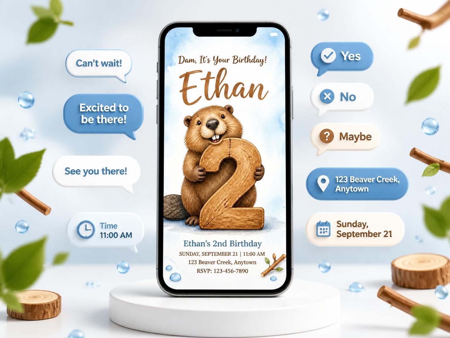 The Watercolor Beaver Wood 2nd Birthday invitation on a phone, with guest RSVPs arriving around it