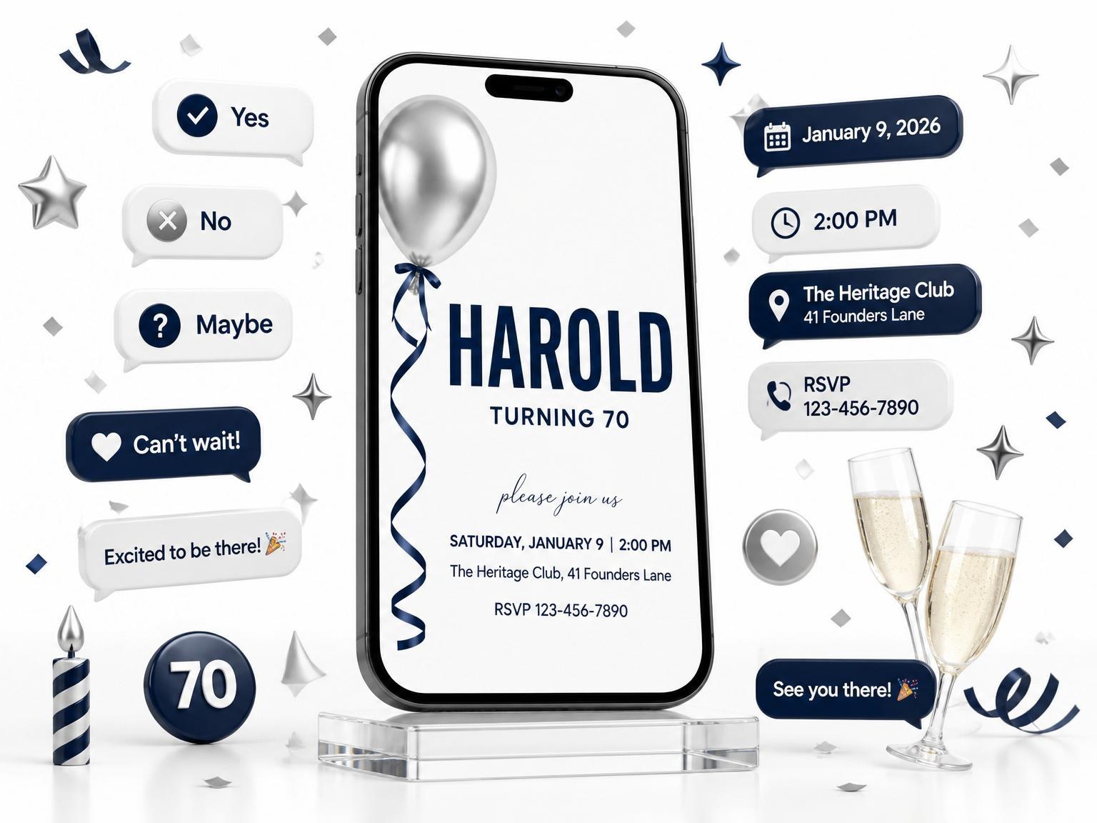 The Silver Balloon Navy 70th Birthday invitation on a phone, with guest RSVPs arriving around it