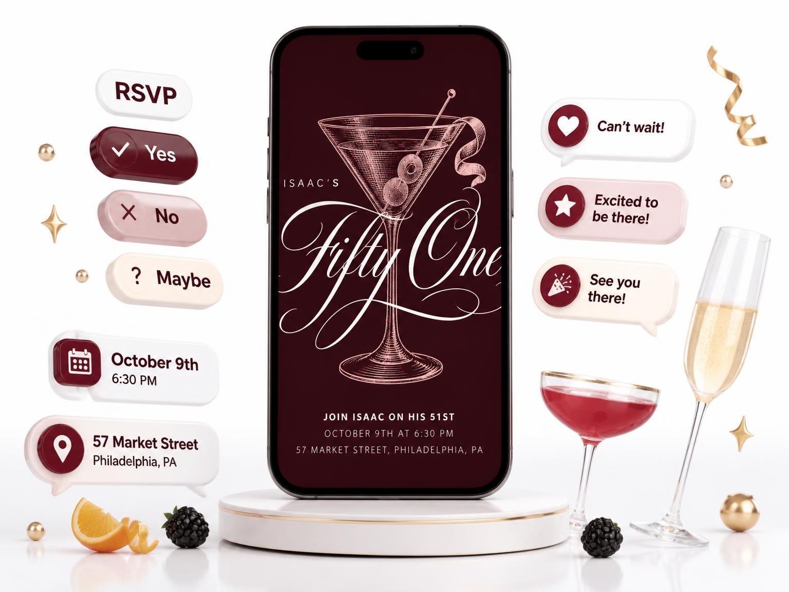 The Burgundy Cocktail 51st Birthday Invitation invitation on a phone, with guest RSVPs arriving around it