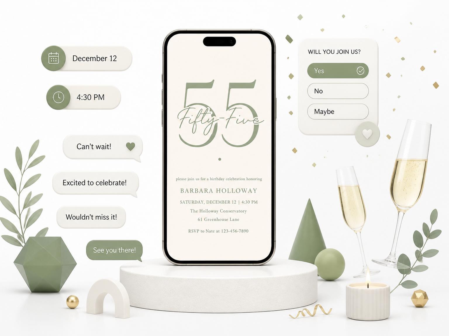 The Sage Green Sans Serif Milestone Birthday invitation on a phone, with guest RSVPs arriving around it