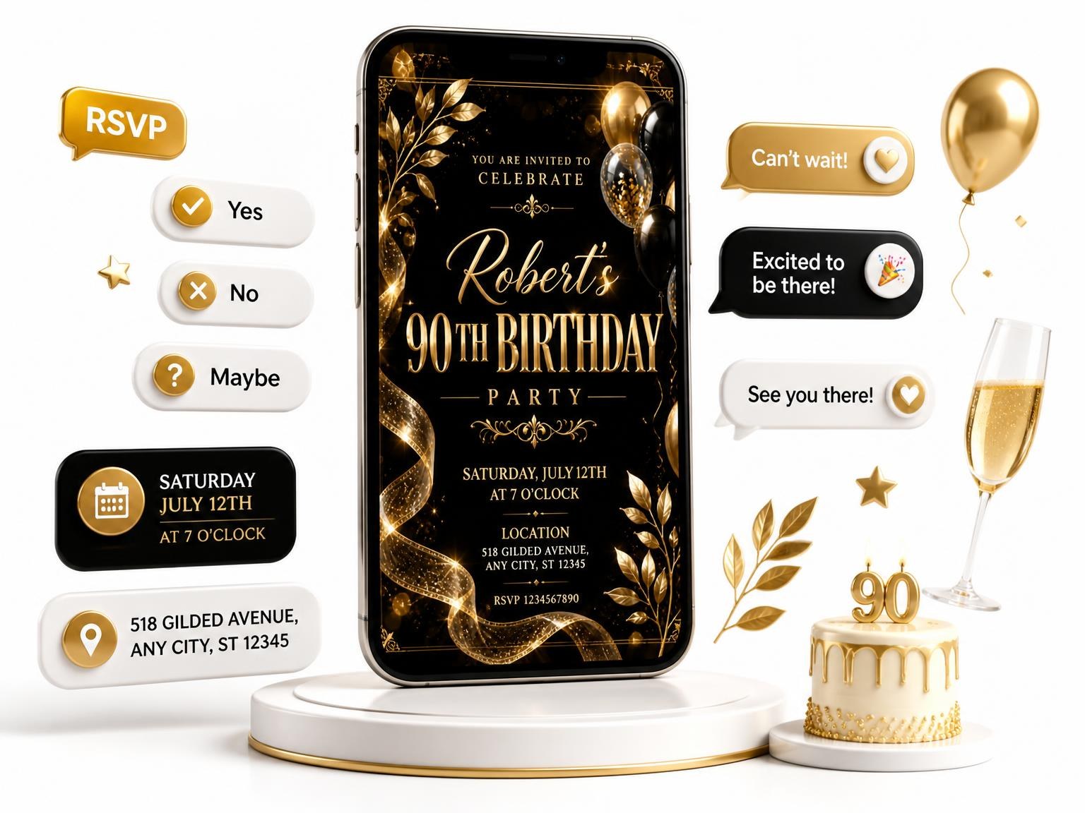 The Black and Gold 90th Birthday Invitation invitation on a phone, with guest RSVPs arriving around it