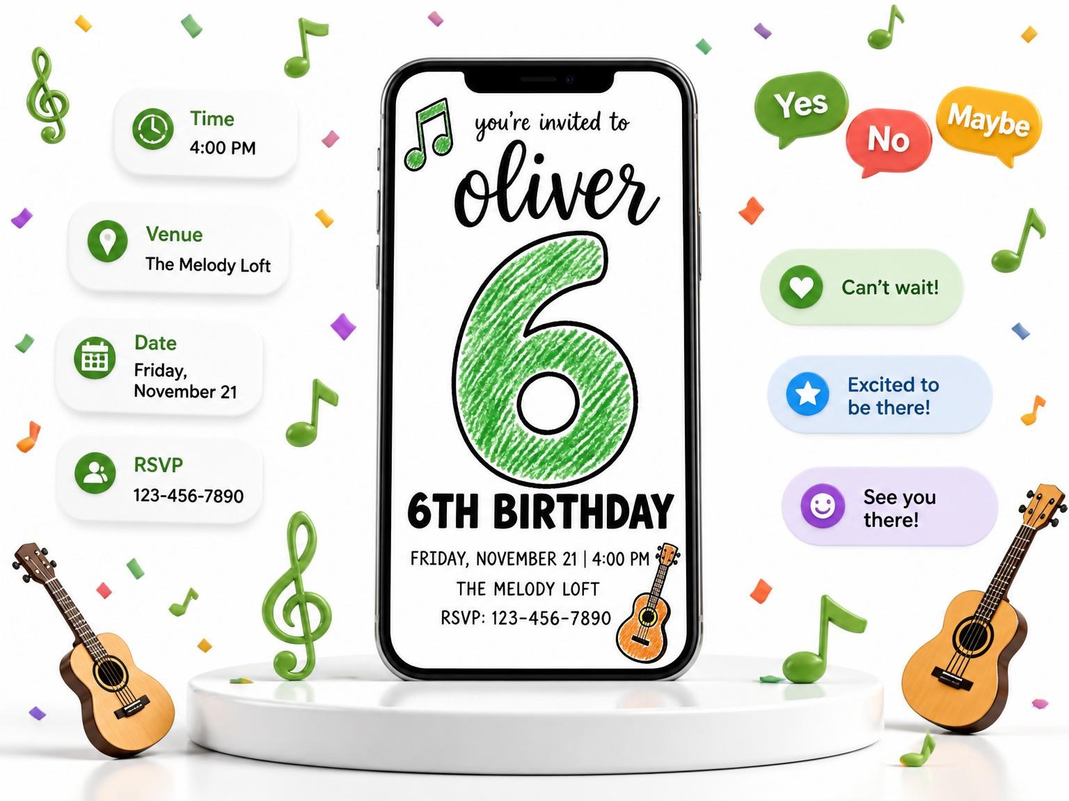 The Crayon Sketch Guitar Music 6th Birthday invitation on a phone, with guest RSVPs arriving around it
