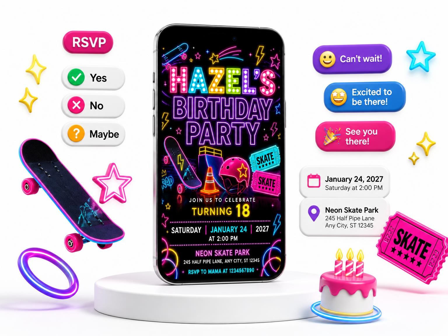 The Neon Skateboard 18th Birthday Invitation invitation on a phone, with guest RSVPs arriving around it