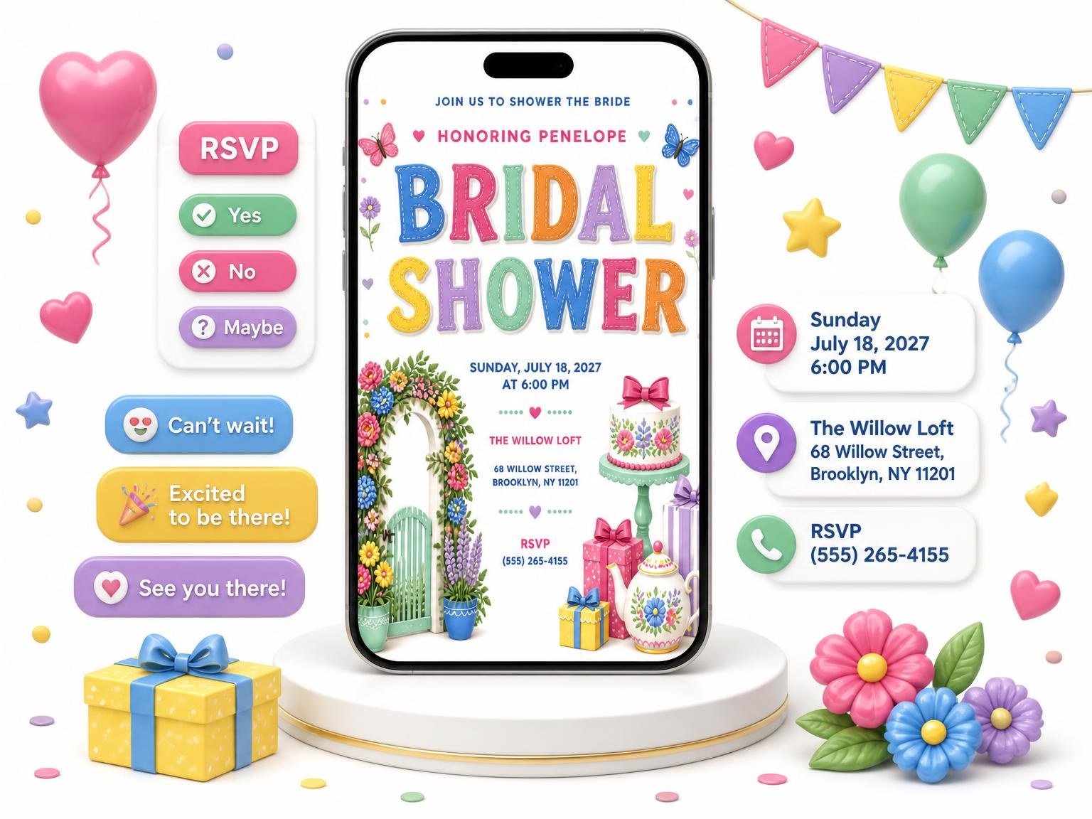 The Floral Arch Bridal Shower Invitation invitation on a phone, with guest RSVPs arriving around it