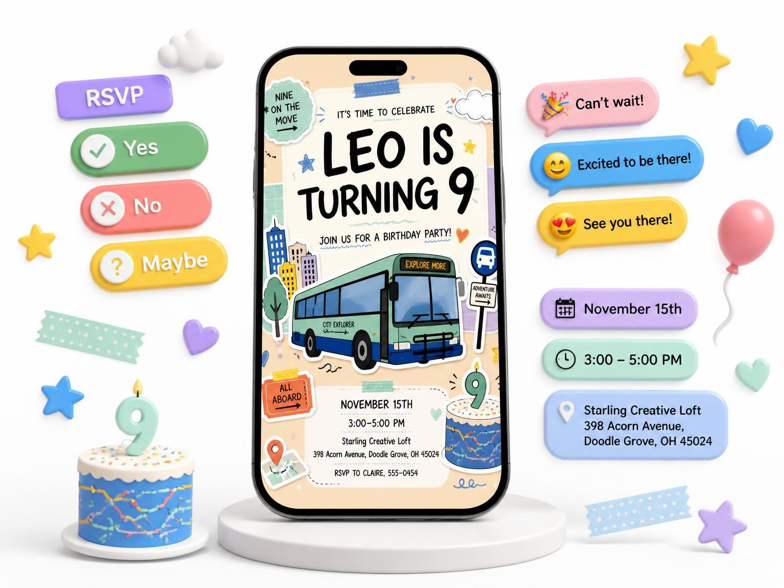 The Explorer Bus Pastel 9th Birthday Invitation invitation on a phone, with guest RSVPs arriving around it