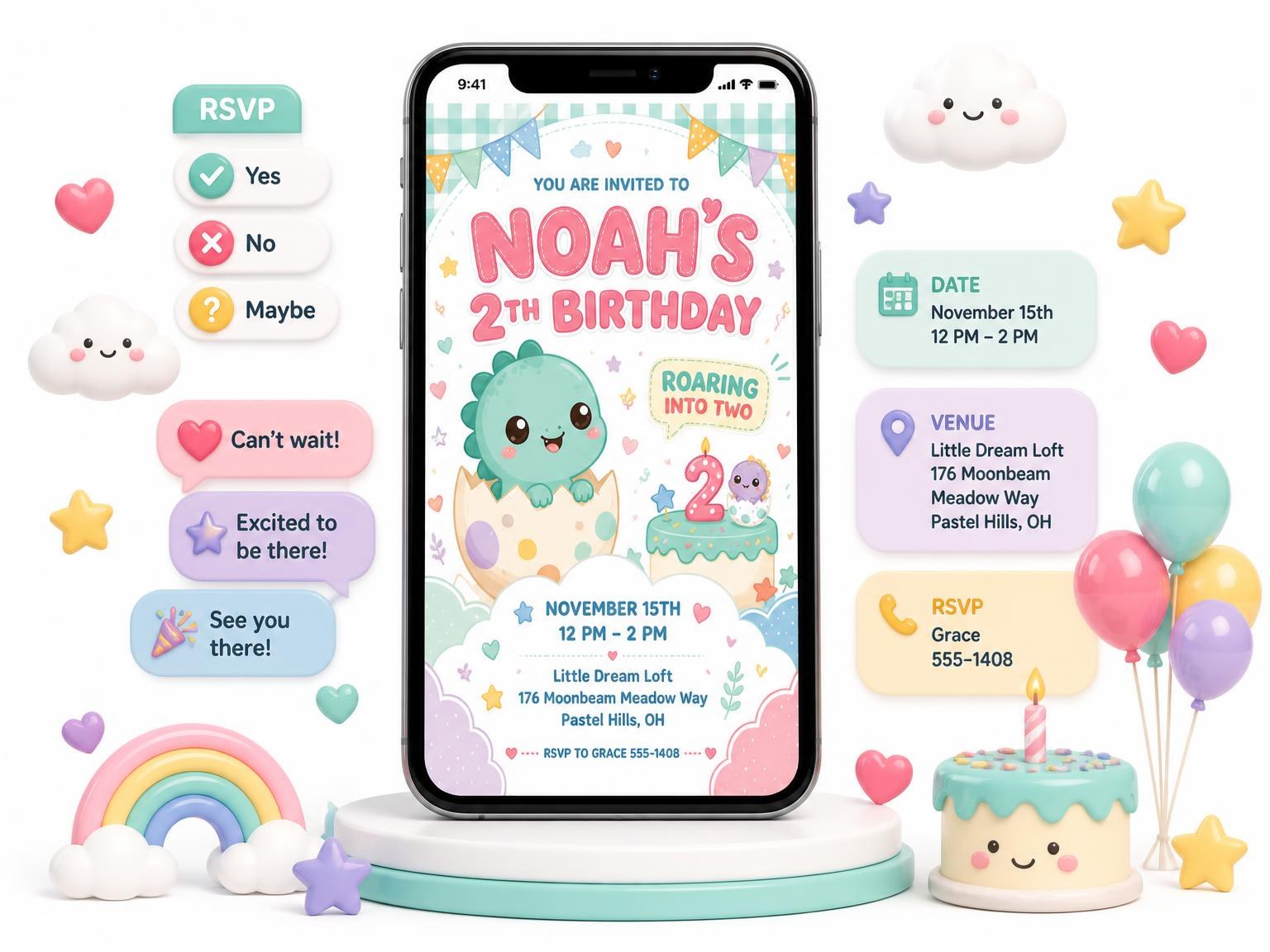The Kawaii Baby Dinosaur 2nd Birthday Invitation invitation on a phone, with guest RSVPs arriving around it