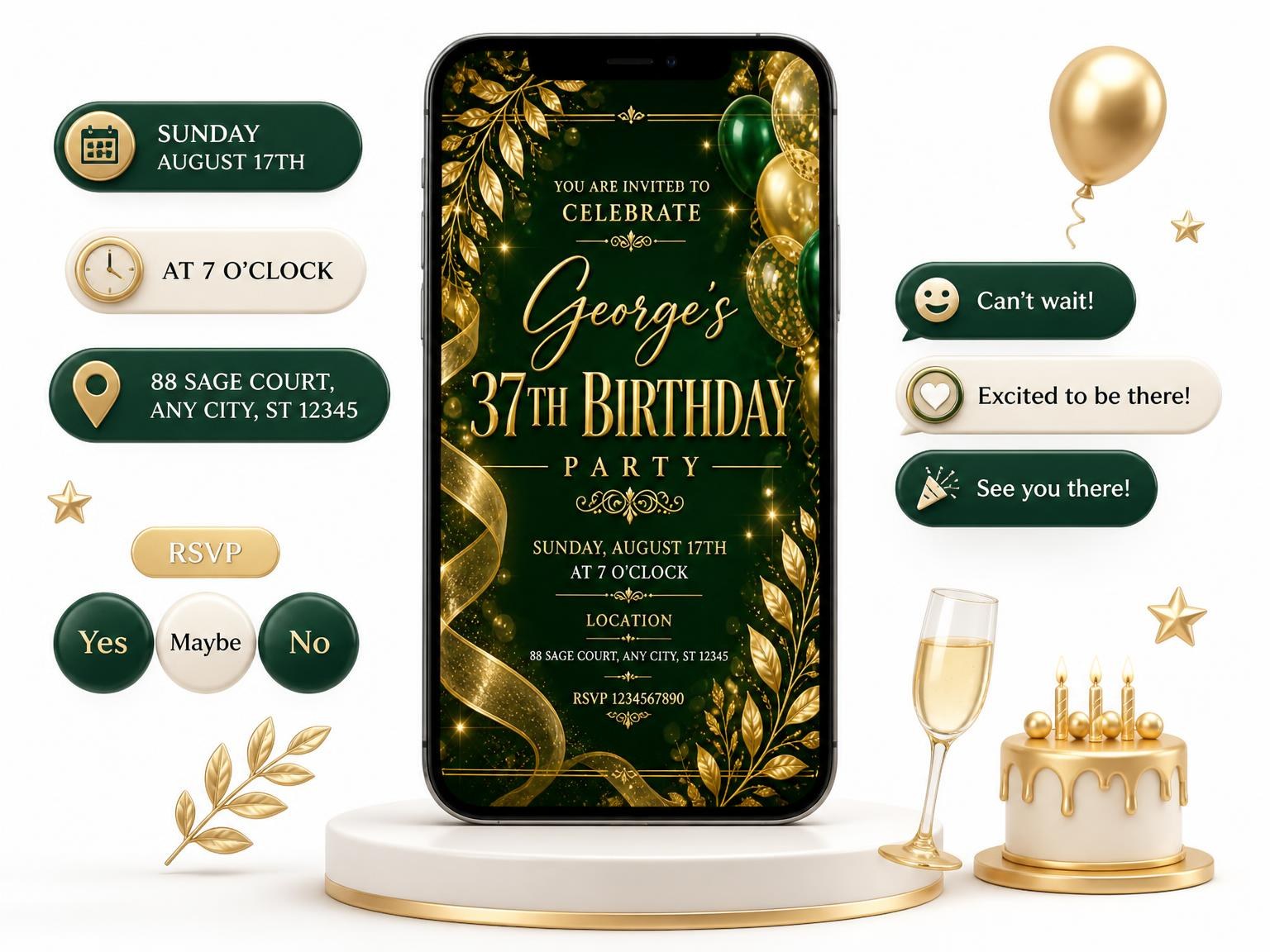 The Emerald and Champagne 37th Birthday Invitation invitation on a phone, with guest RSVPs arriving around it