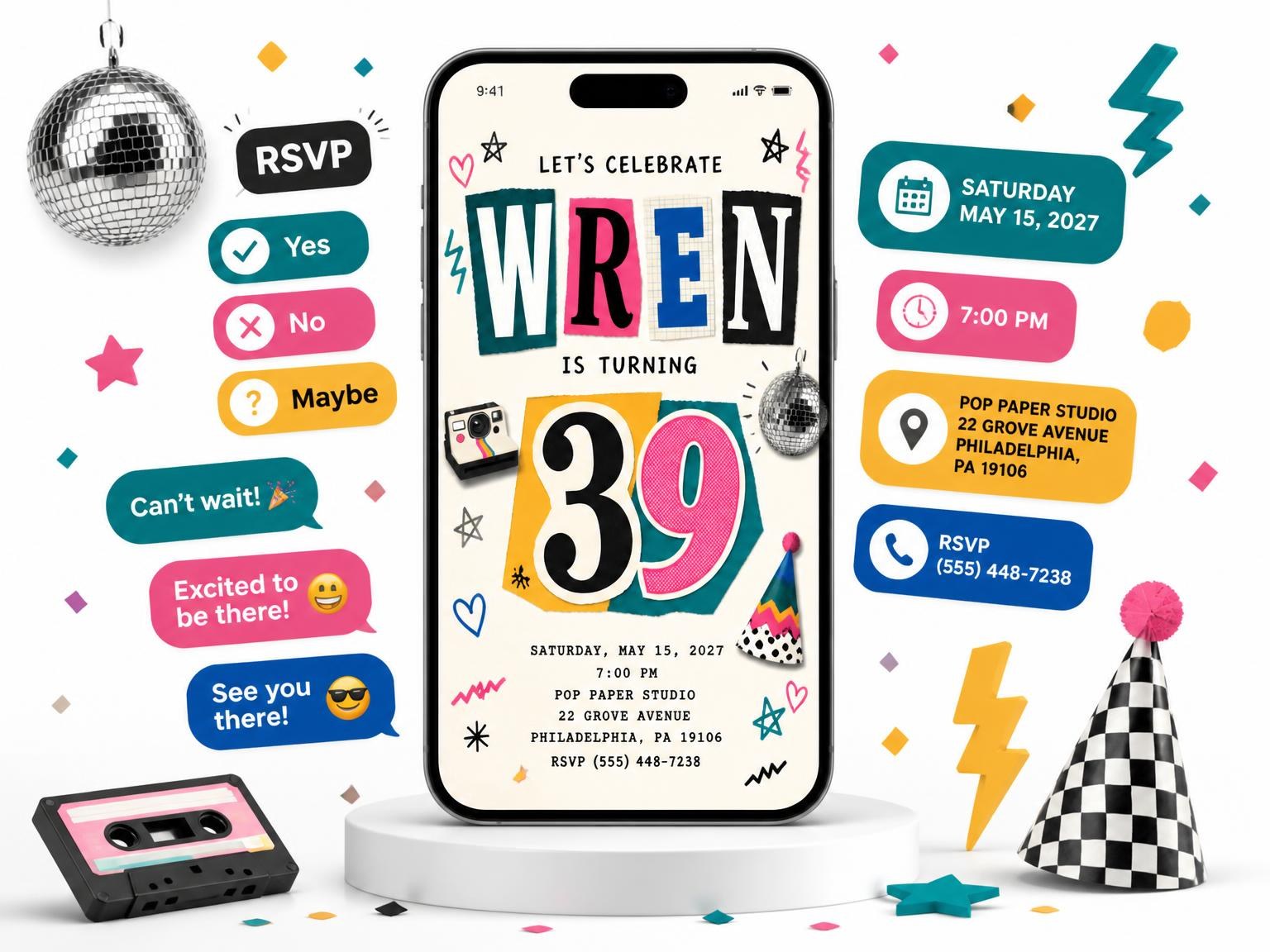 The Retro Paper Collage 39th Birthday Invitation invitation on a phone, with guest RSVPs arriving around it