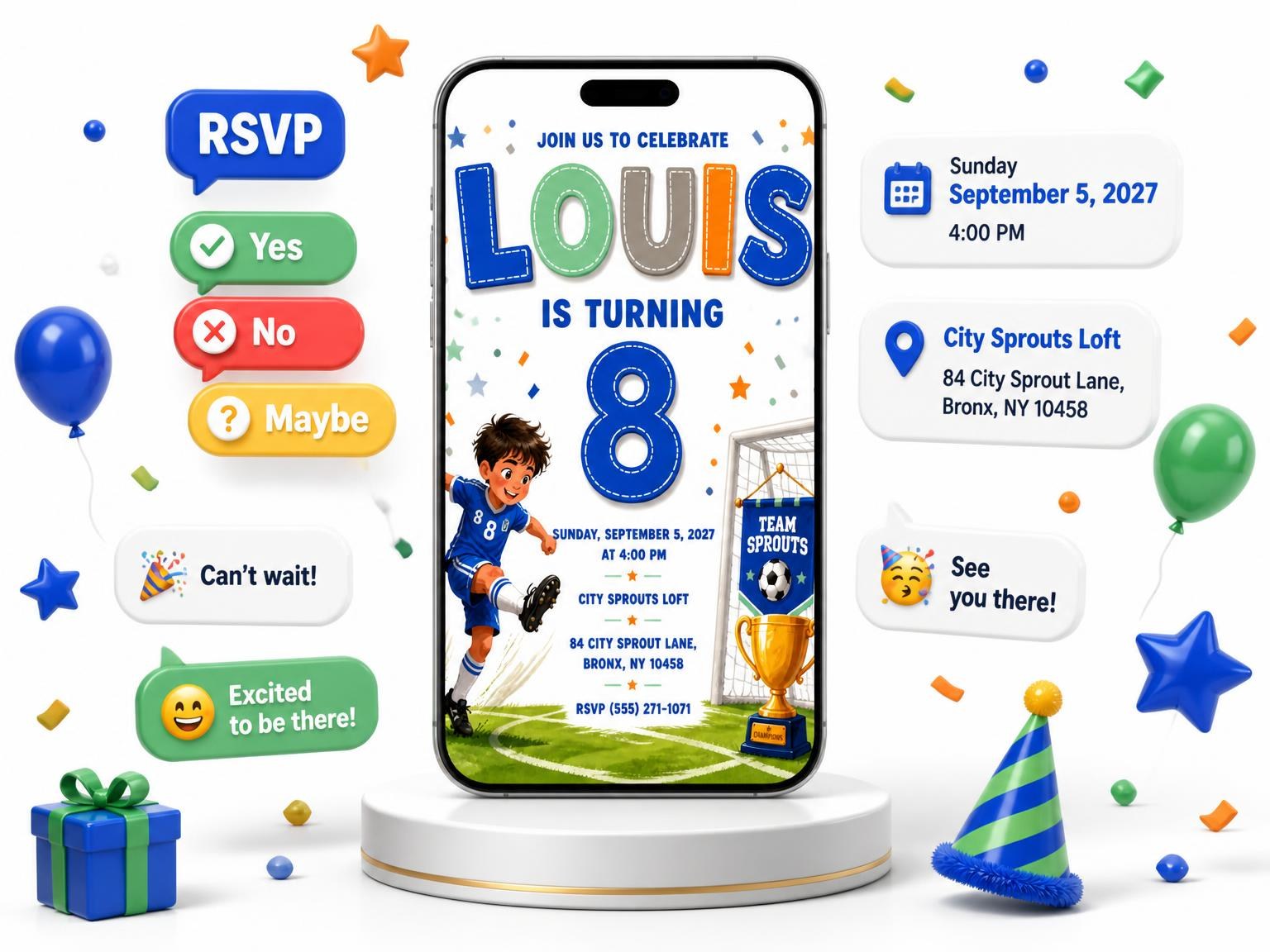 The Field Turf Stitched 8th Birthday Invitation invitation on a phone, with guest RSVPs arriving around it