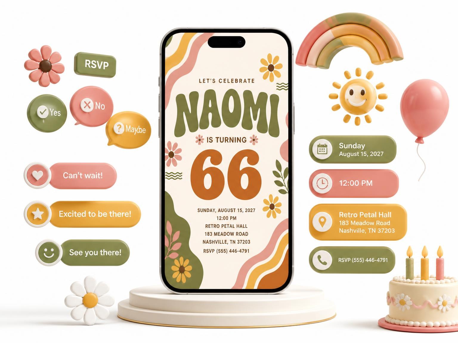 The Groovy Retro 66th Birthday Invitation invitation on a phone, with guest RSVPs arriving around it